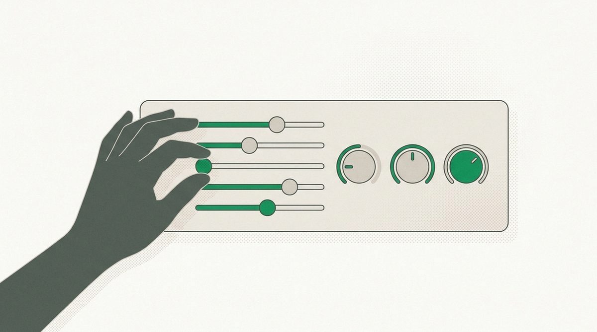 Illustration of a hand adjusting sliders and dials on a control panel, representing configuring key VPN settings