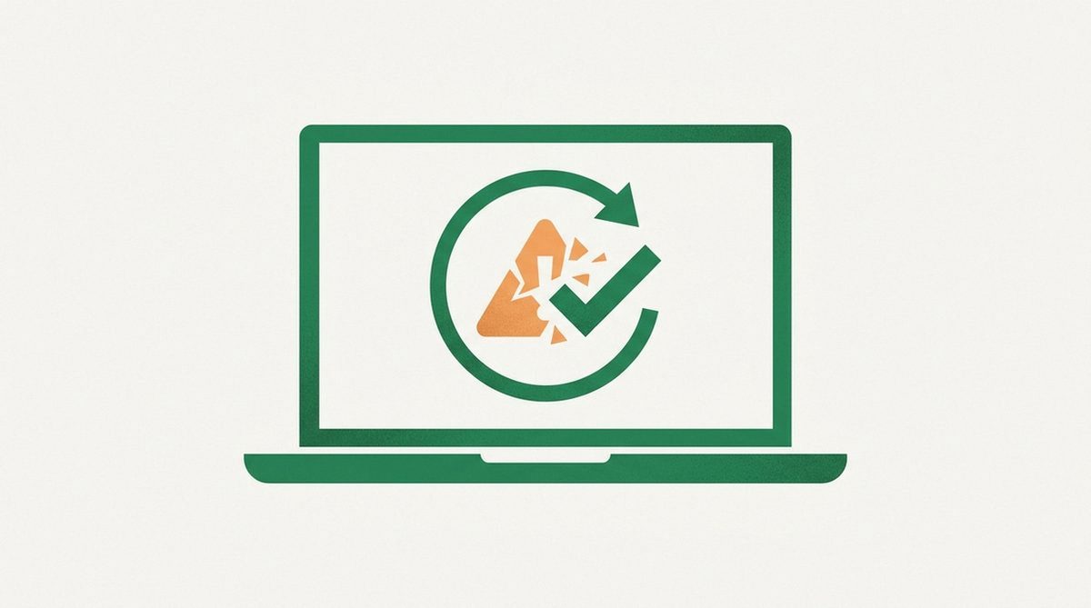 Illustration of a warning triangle turning into a checkmark above a laptop, representing fixing common connection problems