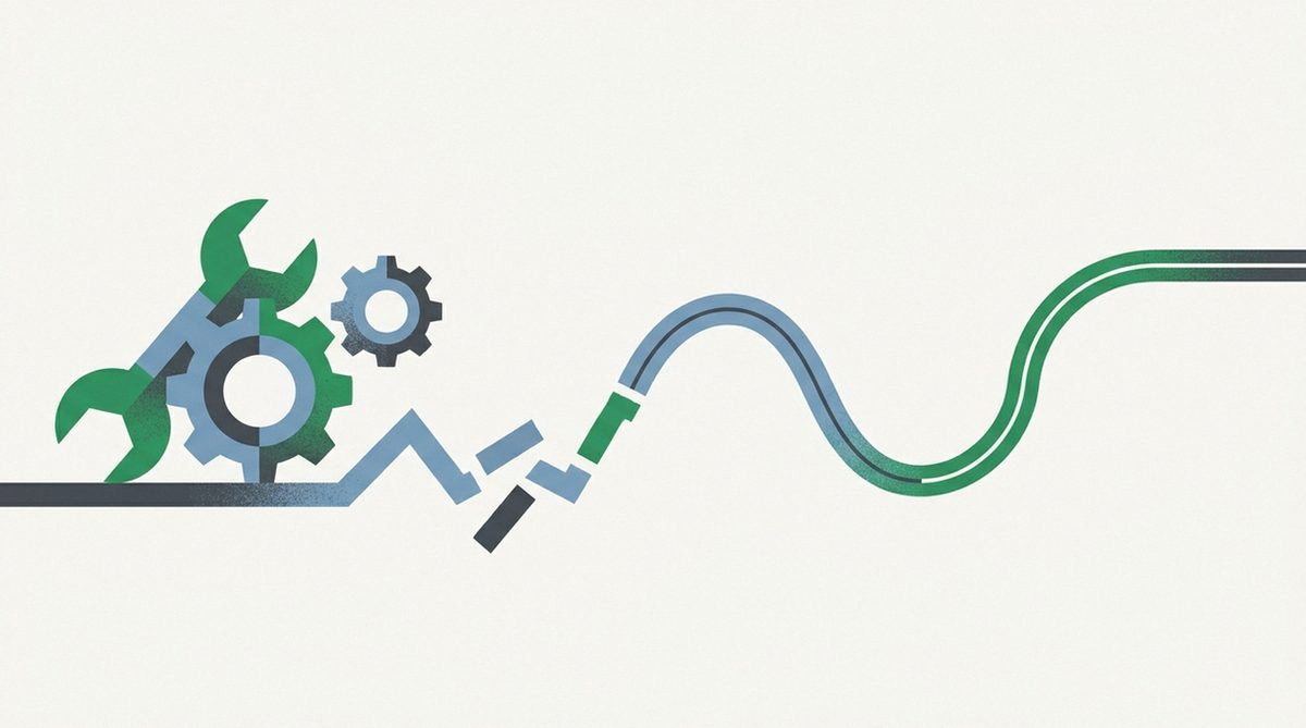 Abstract illustration of a wrench mending a broken connection line, representing troubleshooting common VPN problems.