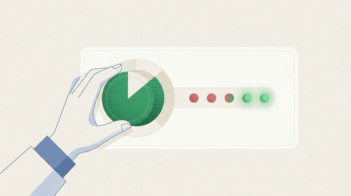 Illustration of a hand adjusting a large dial as indicator lights shift from red to green, representing configuring key settings