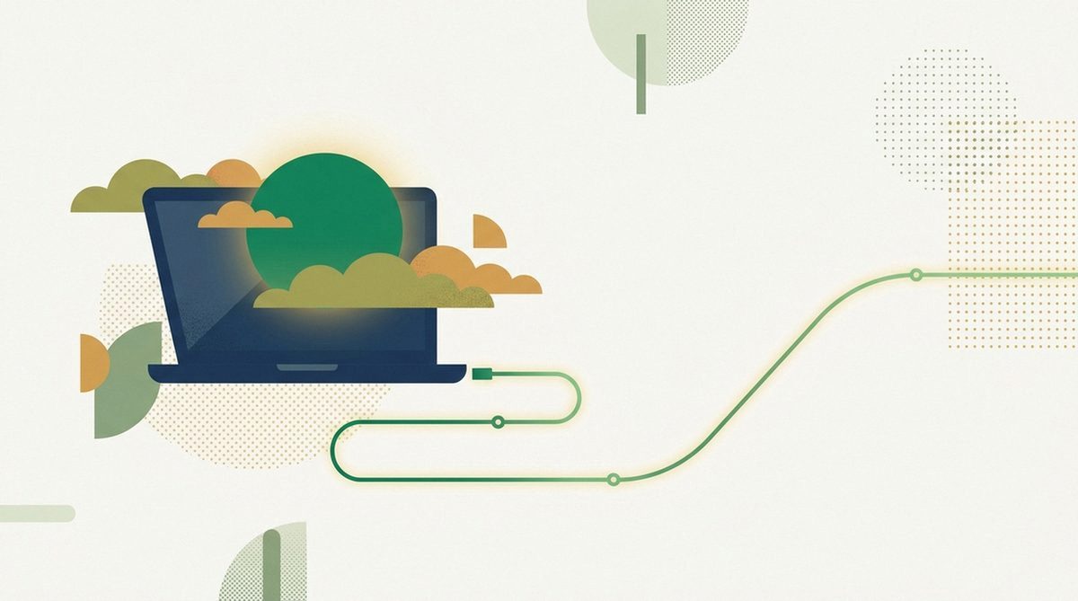 Illustration of a sunrise behind a laptop with a glowing connection line, representing a recommended first-day setup