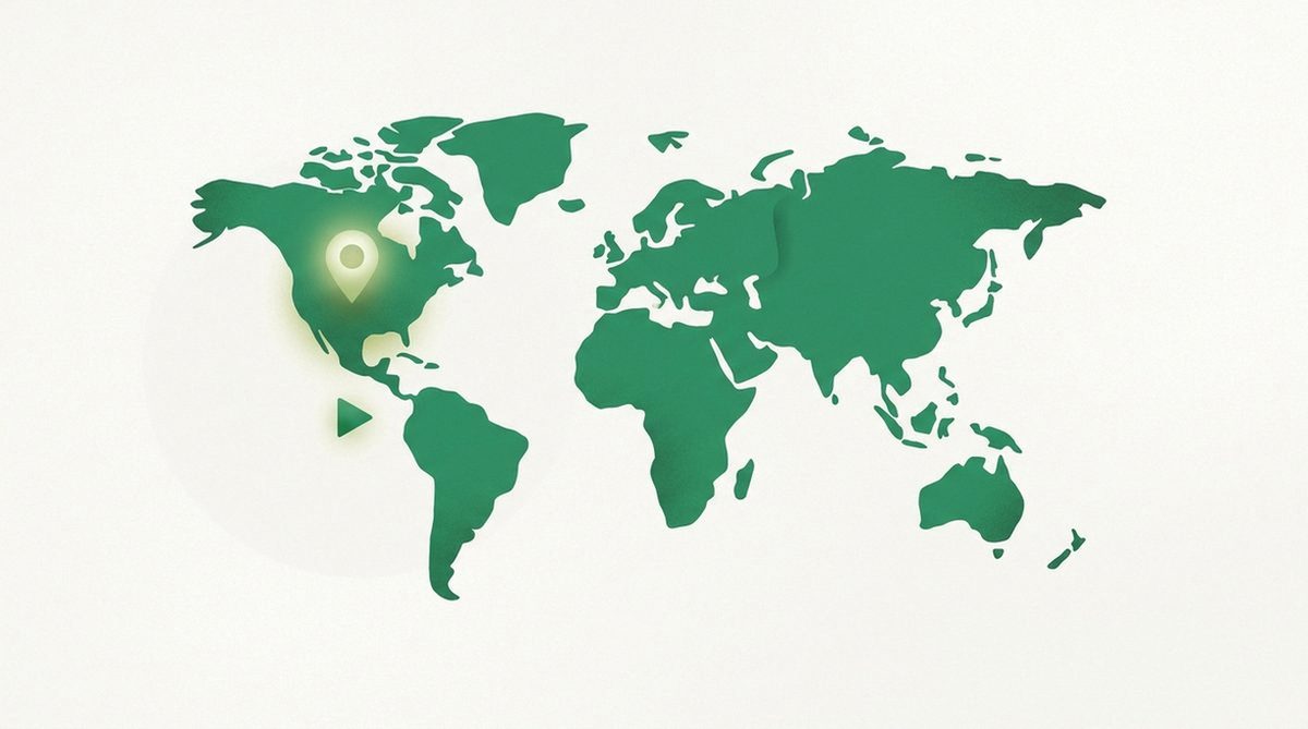 Abstract illustration of a world map with a highlighted region and play icon, representing choosing a VPN for a specific streaming catalog.
