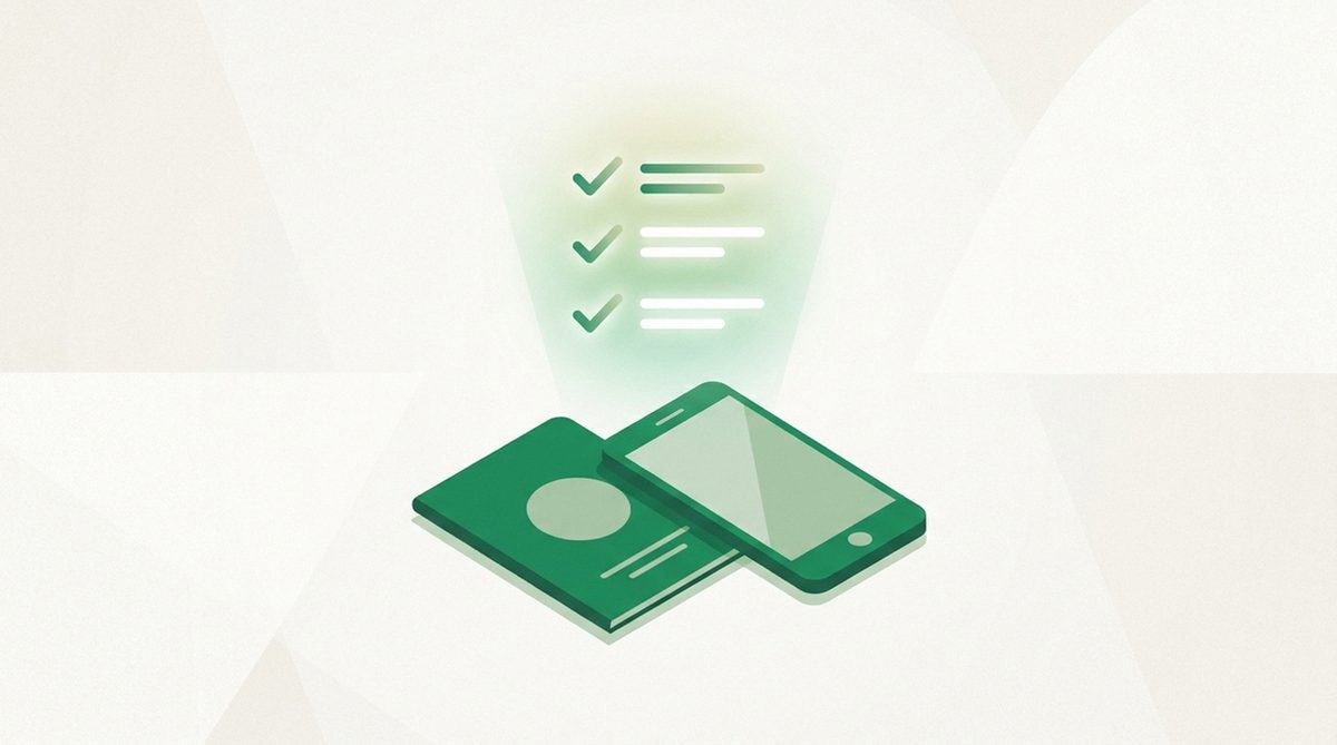 Illustration of a passport and smartphone beneath a glowing checklist, representing preparing a VPN before travel