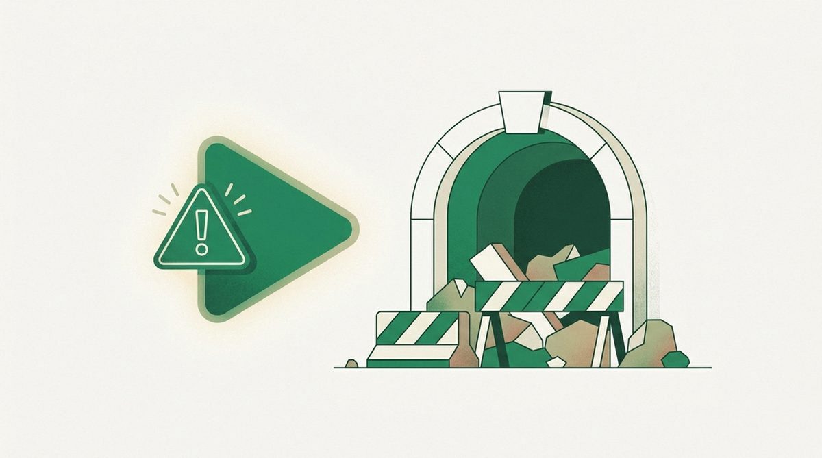 play button with a warning triangle beside a blocked tunnel