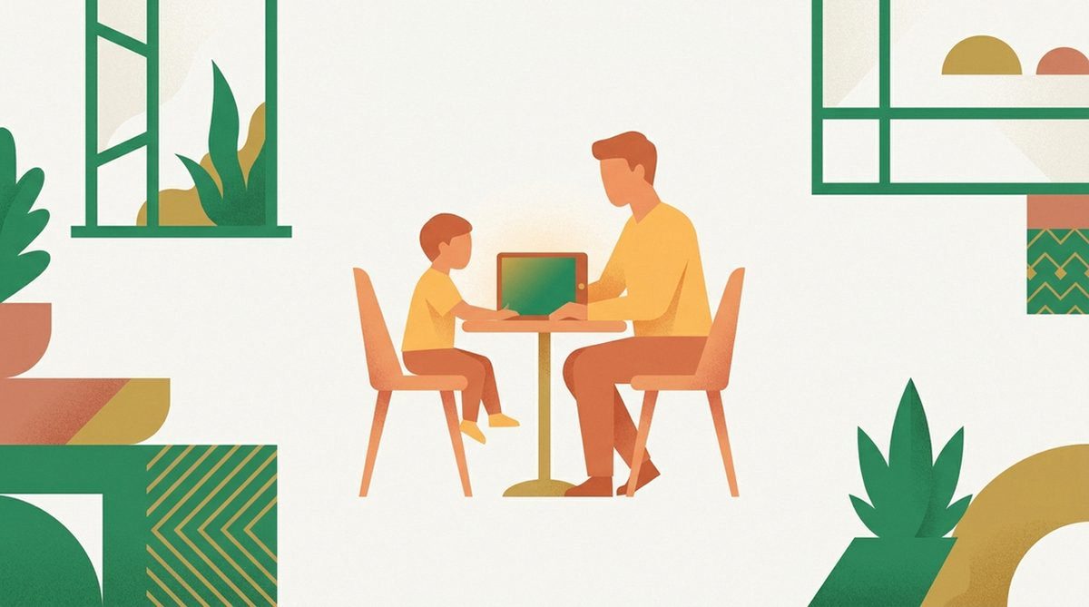 Warm illustration of a parent and child silhouette seated together, representing agreeing on shared family internet rules.