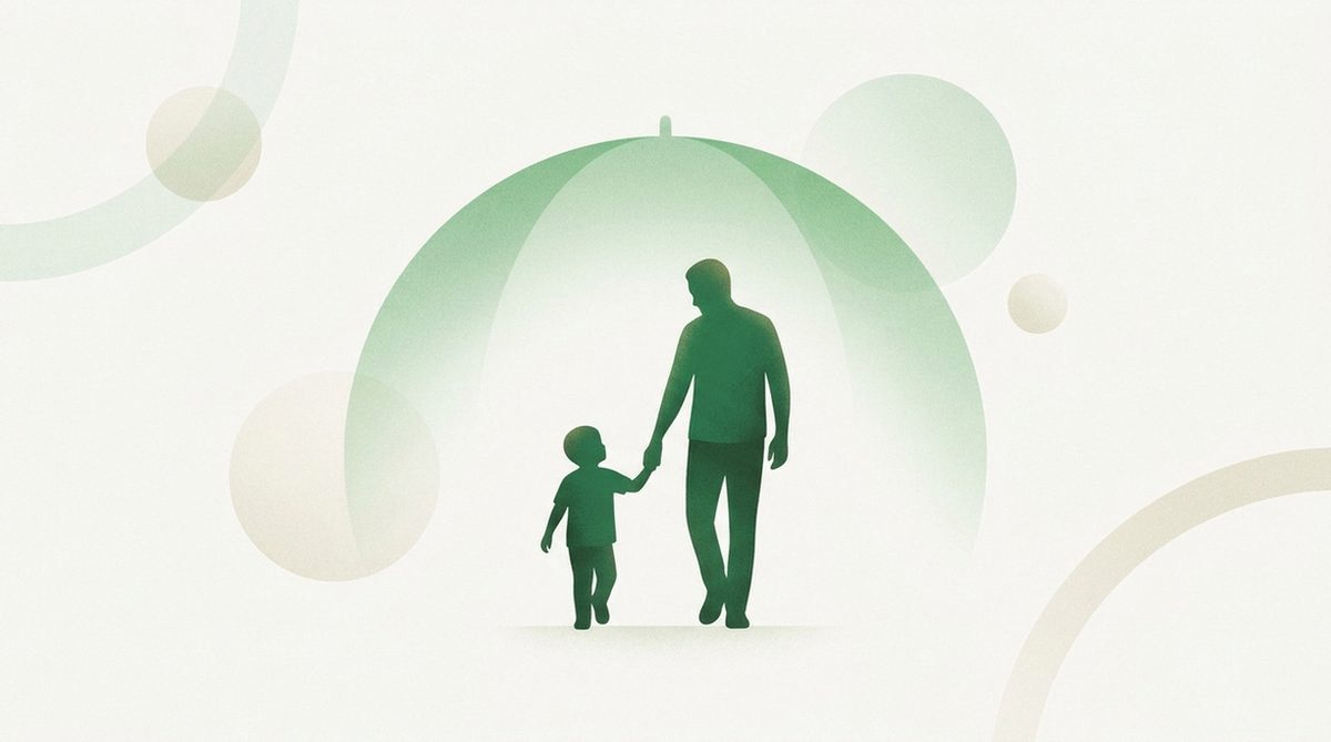 Warm illustration of a parent and child silhouette under a protective arc, representing a calm family safety plan.