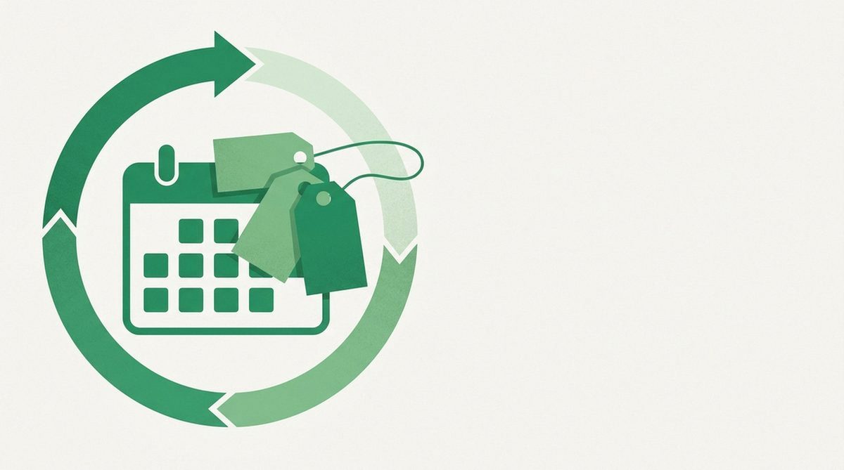 Calendar surrounded by price tags and a circular renewal arrow showing subscription costs