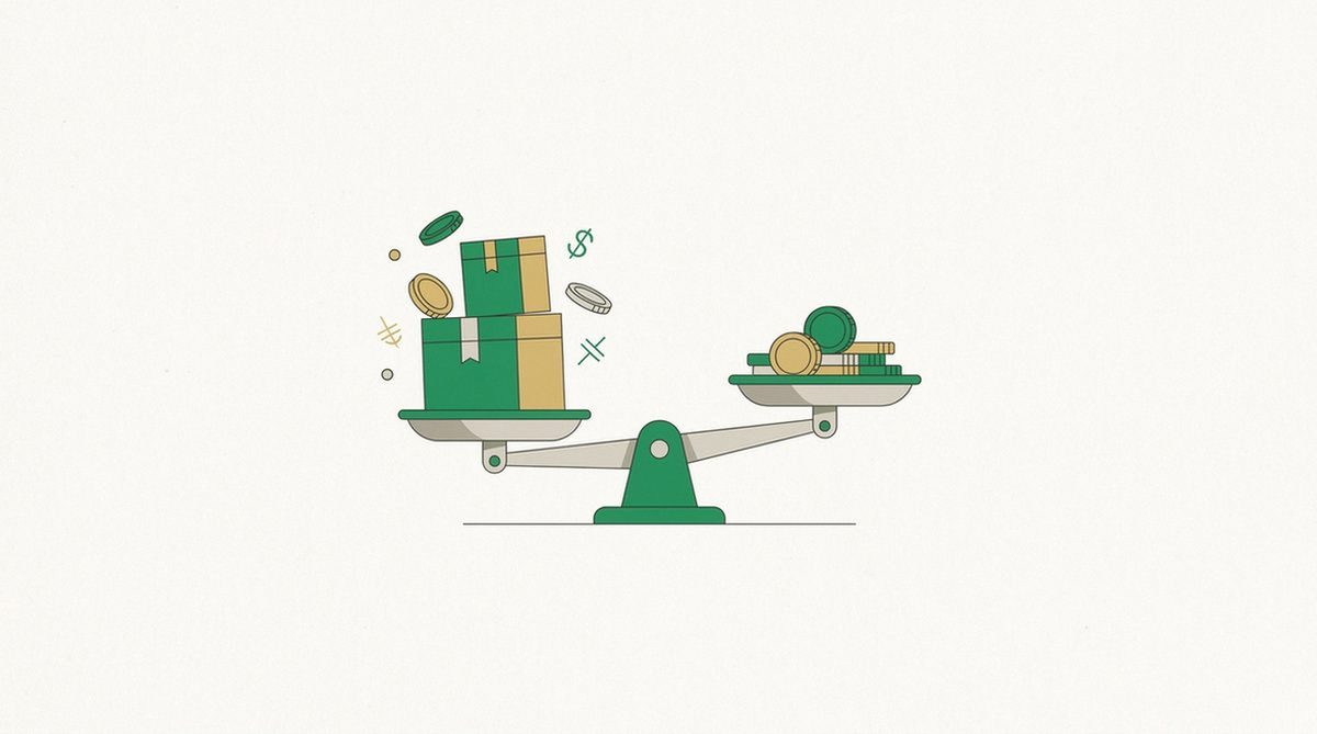 Two stacked plan boxes balanced on a scale with coins comparing subscription tiers