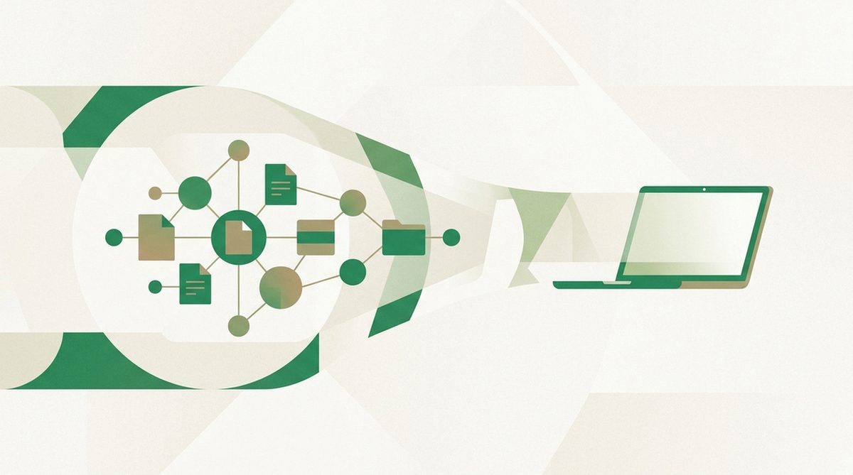 Illustration of file-sharing nodes flowing through a protective tunnel toward a laptop, representing a safer torrenting setup