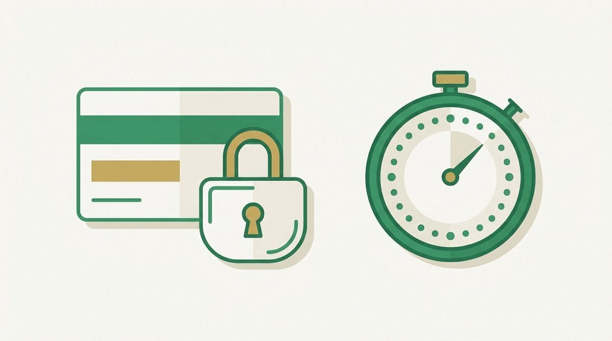 Credit card protected by a padlock beside a countdown stopwatch