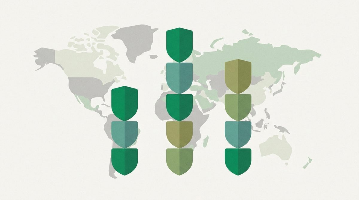 Stacked shields forming a bar chart over a map outline