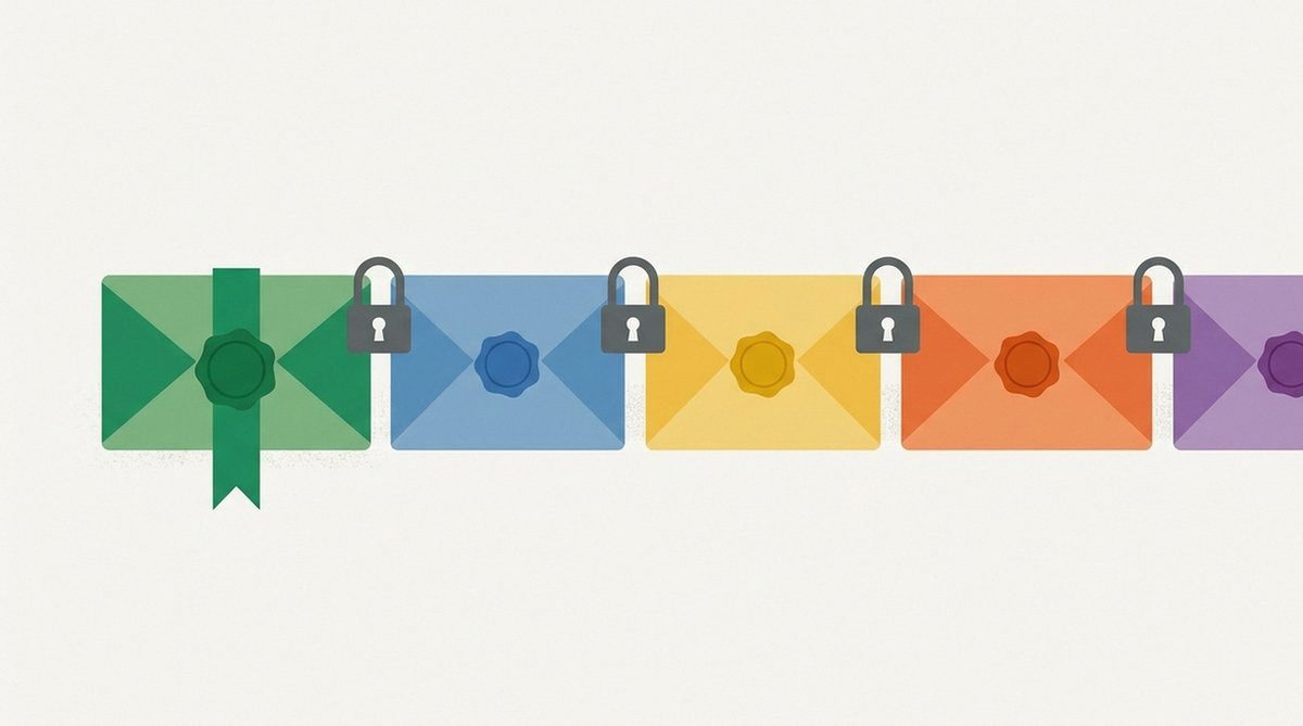 row of padlocked envelopes with different colored seals