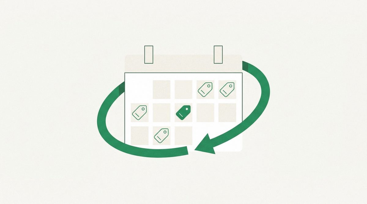 Calendar with recurring price tags and a looping renewal arrow showing subscription costs