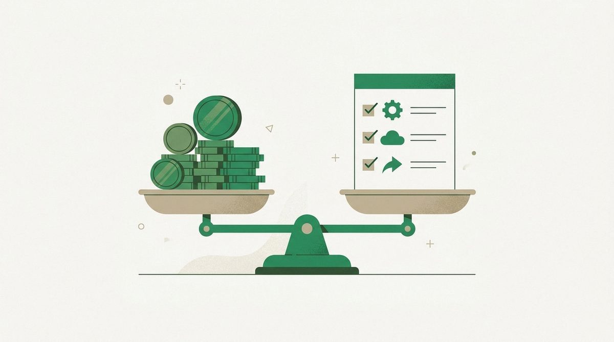 Scale balancing coins against a feature checklist representing best value plan comparison