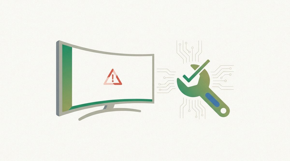 Abstract illustration of a TV screen and wrench resolving a warning icon, representing fixing a VPN connection on a streaming device.
