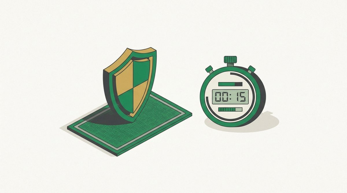 Shield on a doormat next to a countdown stopwatch