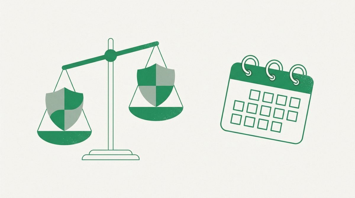 two shields balanced on a scale beside a calendar icon