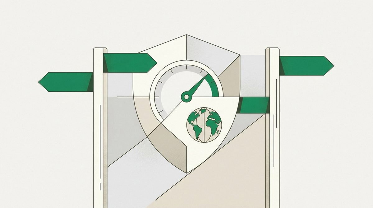 signpost pointing to a shield with a speed gauge and globe