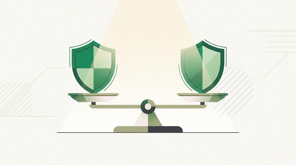Two shields balanced on a scale under a spotlight