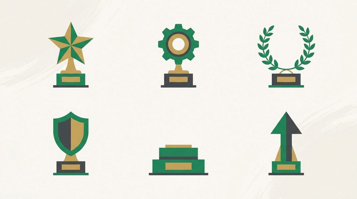 Six trophies arranged in two opposing rows for comparison