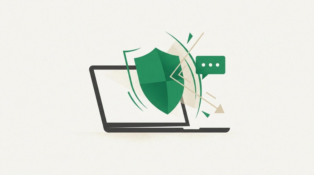 Illustration of a shield forming in front of a laptop screen before a chat bubble appears, representing setting up a VPN first