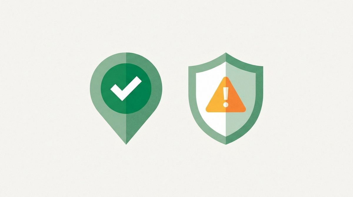 checked location pin beside a shield with a caution mark