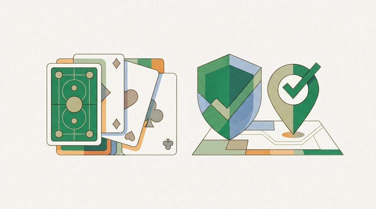 playing cards beside a shield and a verified location pin