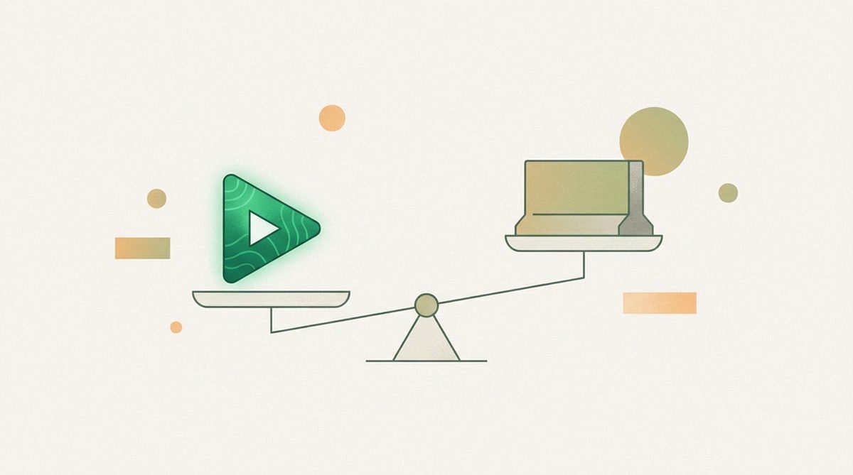 Abstract illustration of a balance scale weighing a play icon against a barrier shape, representing limits to know before buying.