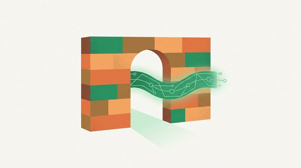 Illustration of a data stream passing cleanly through an open doorway in a firewall-like wall, representing port forwarding setup