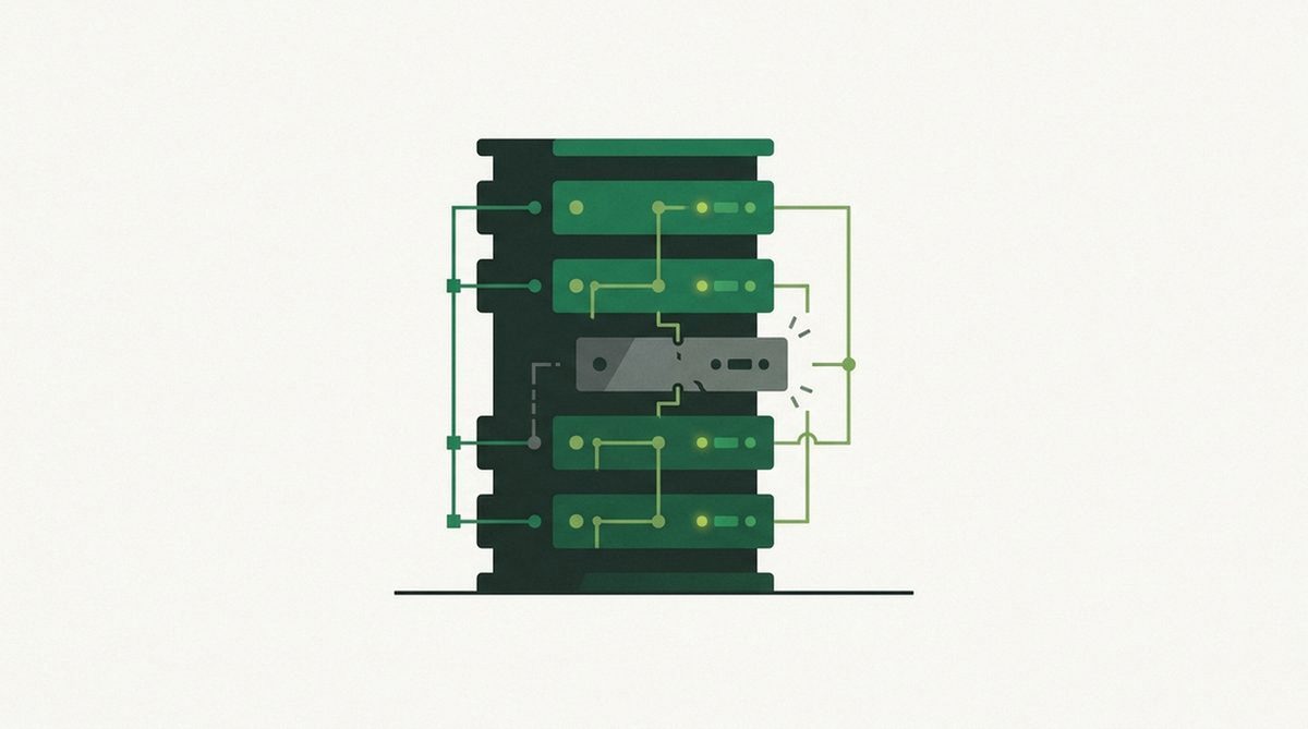 Illustration of a server rack with one node dimmed and disconnected, representing a service limitation