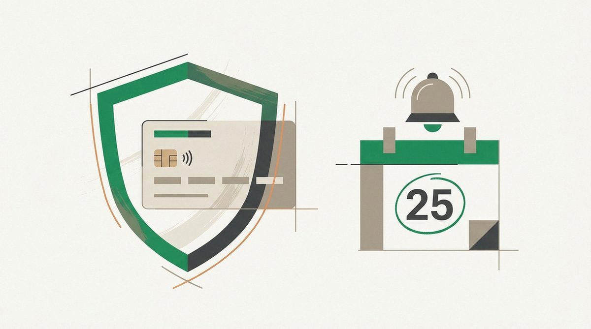 Shield protecting a credit card beside a calendar alarm representing safe trial testing