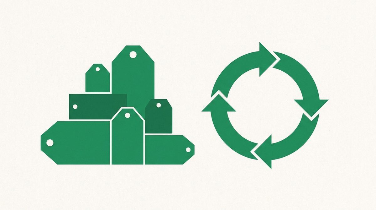 stacked price tags beside a recurring renewal arrow