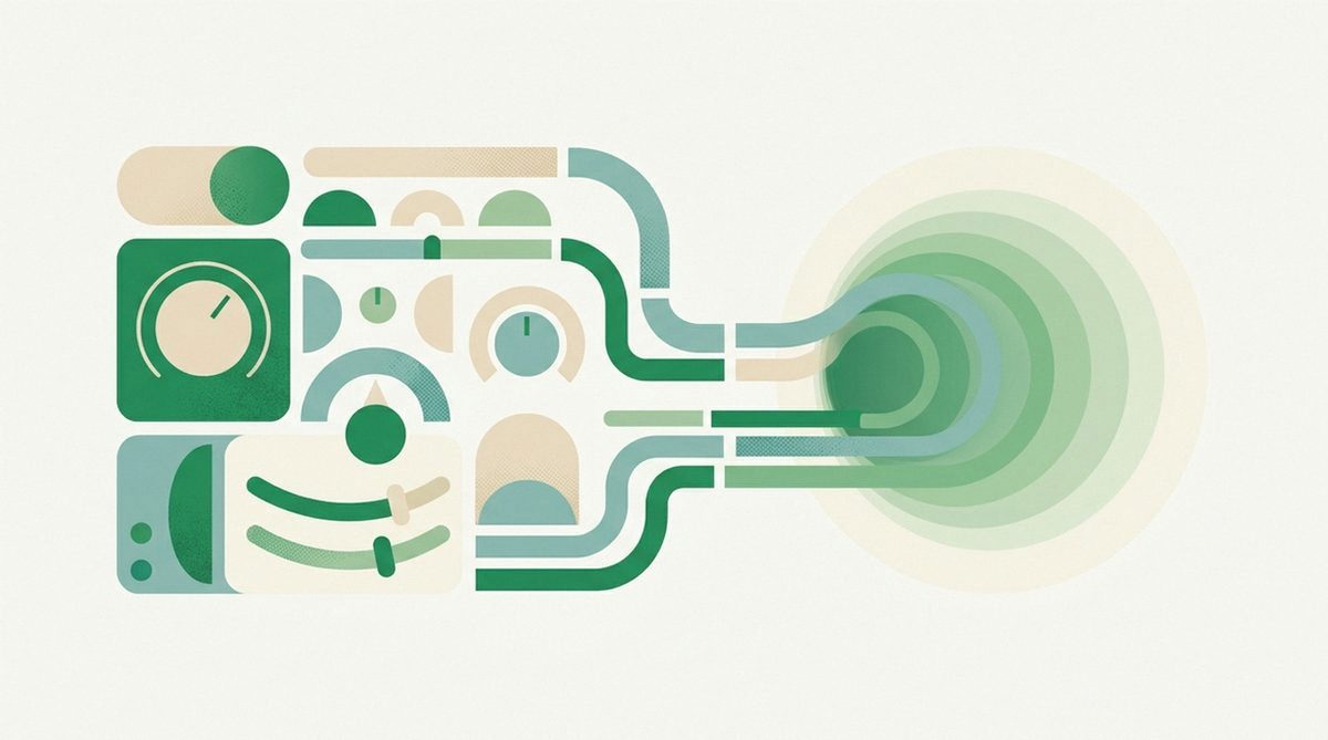 Abstract illustration of a settings panel connecting to a secure tunnel, representing setting up a VPN for safer torrenting.