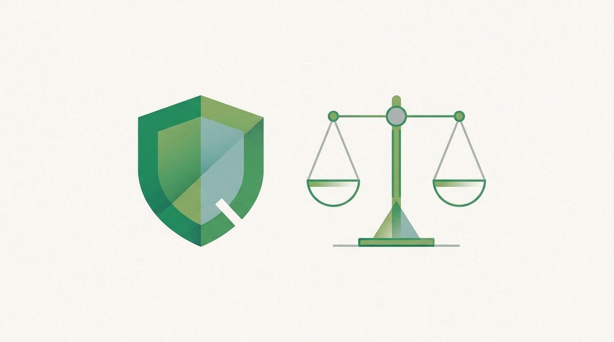 Abstract illustration of a shield with a small gap and a balance scale, representing the honest drawbacks of a torrenting VPN.