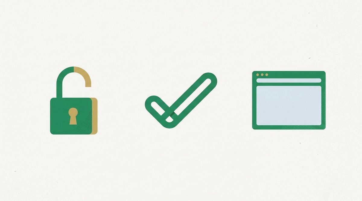 Open padlock beside a checkmark and browser window symbolizing when a proxy suffices