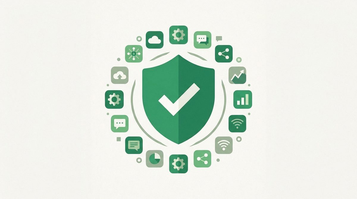 Shield with a green checkmark surrounded by app icons representing safer free options