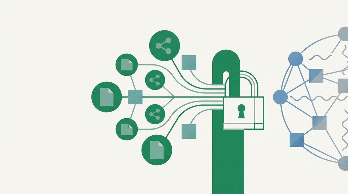 Illustration of a padlock closing around a bundle of file-sharing nodes, representing a safer torrenting setup