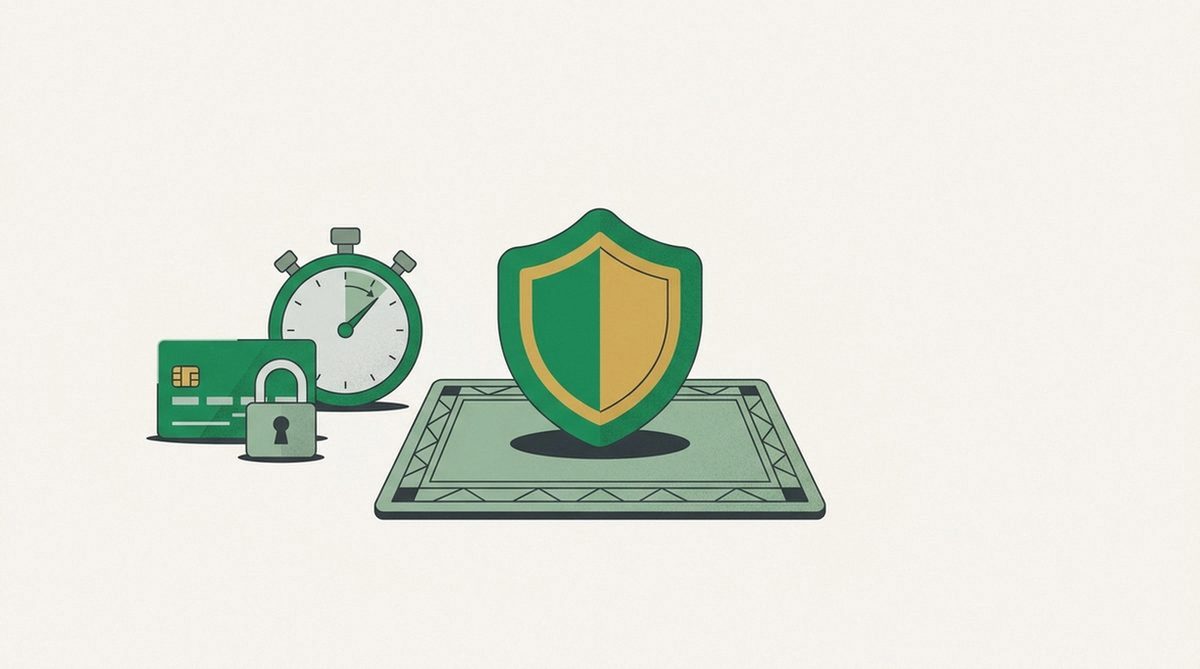 Shield on a doormat beside a stopwatch and locked credit card