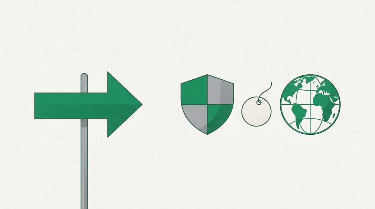signpost pointing to a shield beside a price tag and globe