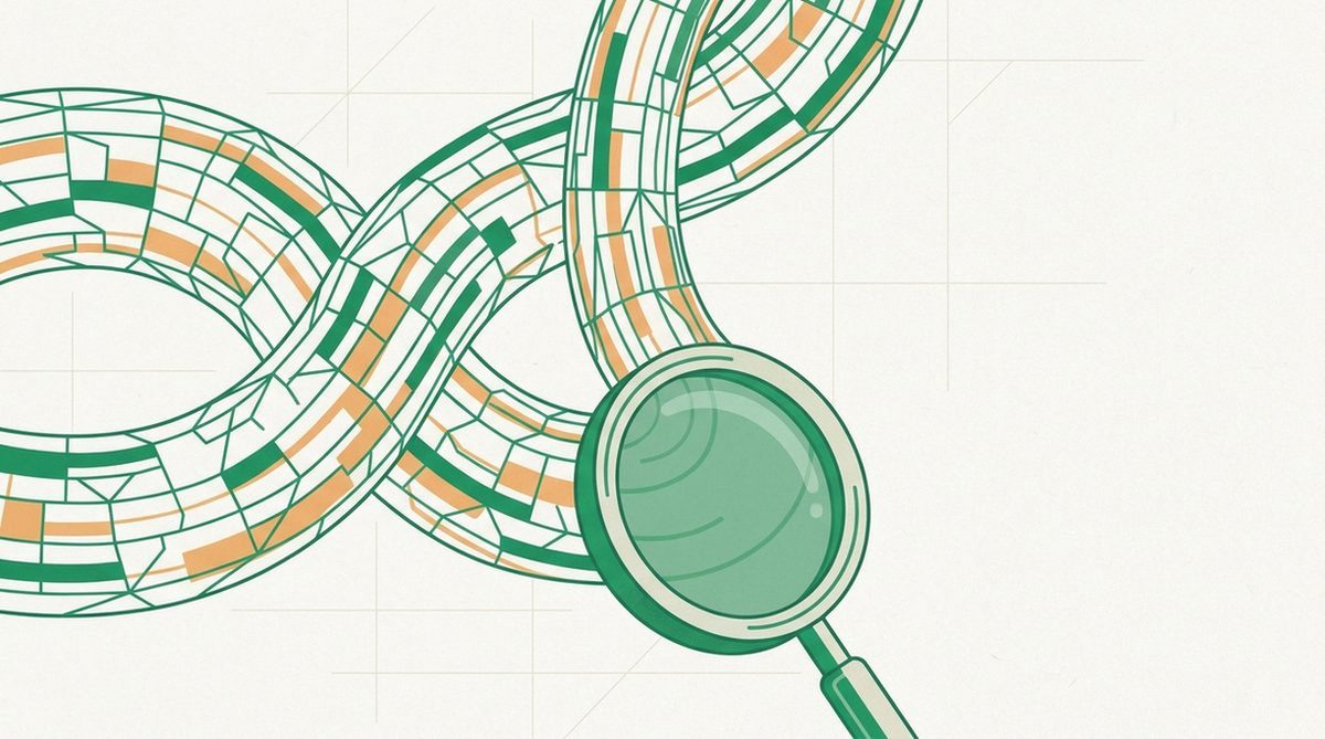 Two intertwined tunnels merging beneath a magnifying glass
