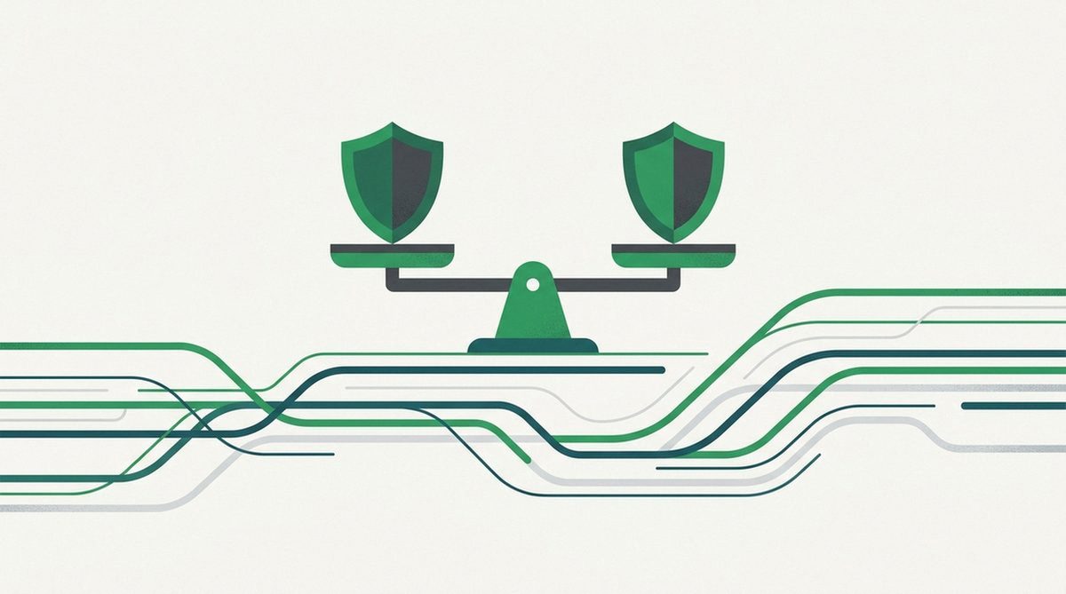 two shields on a balance scale over streaming data lines