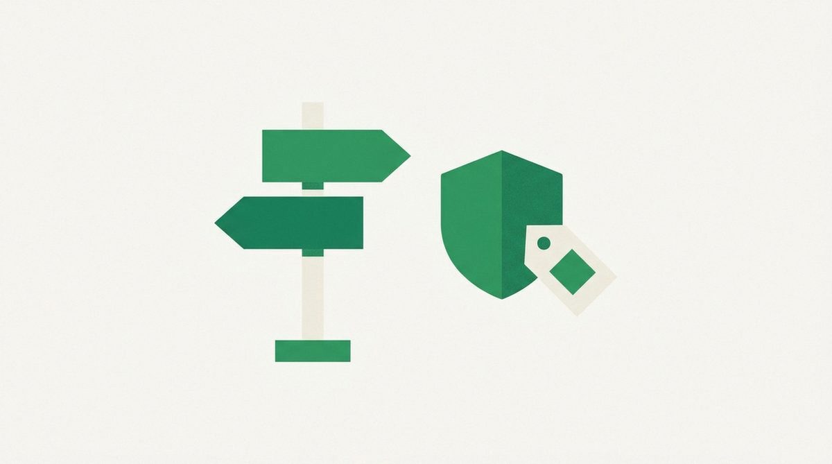 signpost pointing to a shield next to a price tag icon