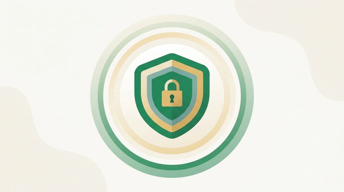 Abstract illustration of a layered shield with a nested padlock, representing the privacy and security review section.