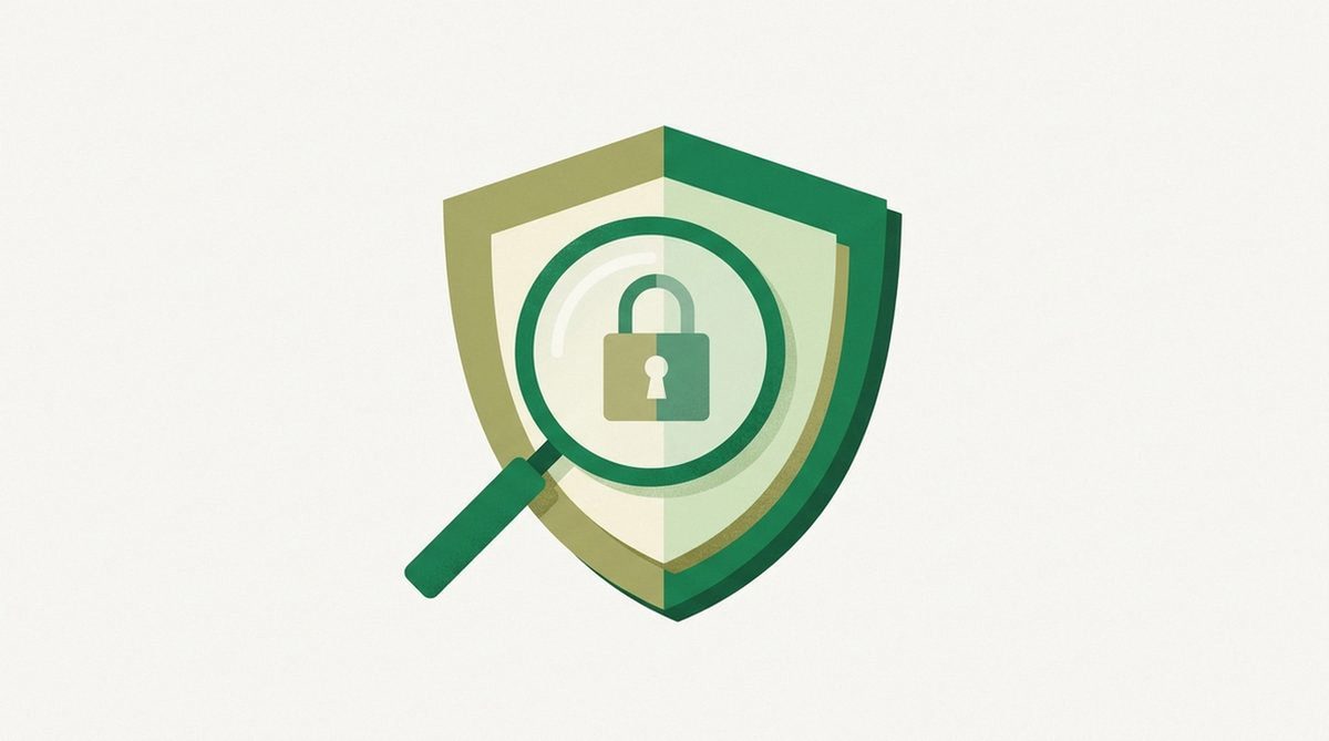 Illustration of a magnifying glass examining a padlock within layered shields, representing a privacy and security review