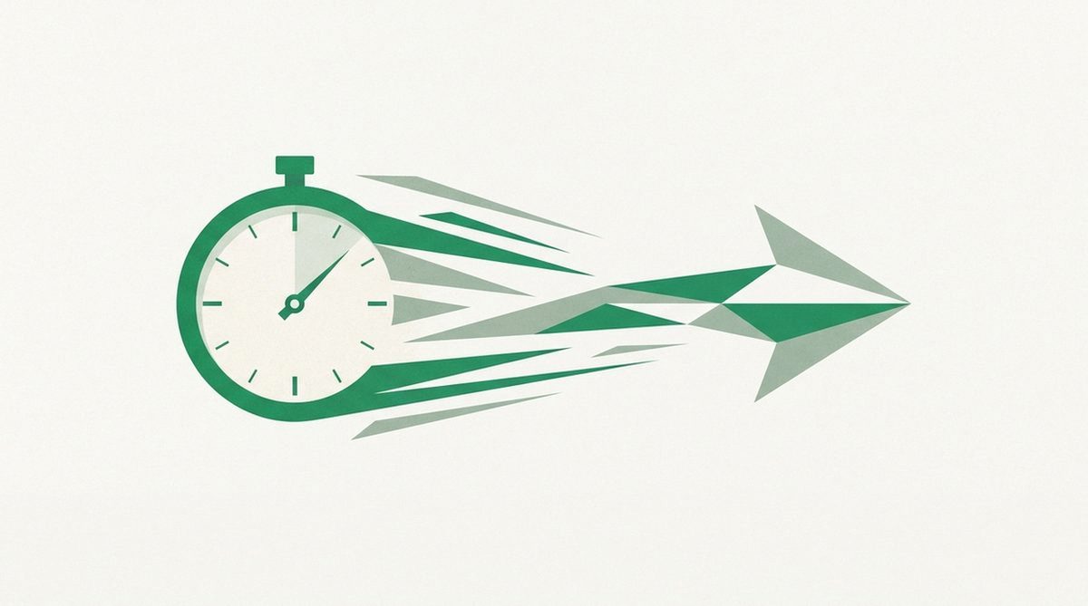 Illustration of a stopwatch merging into a speed trail behind an arrow, representing connection speed performance