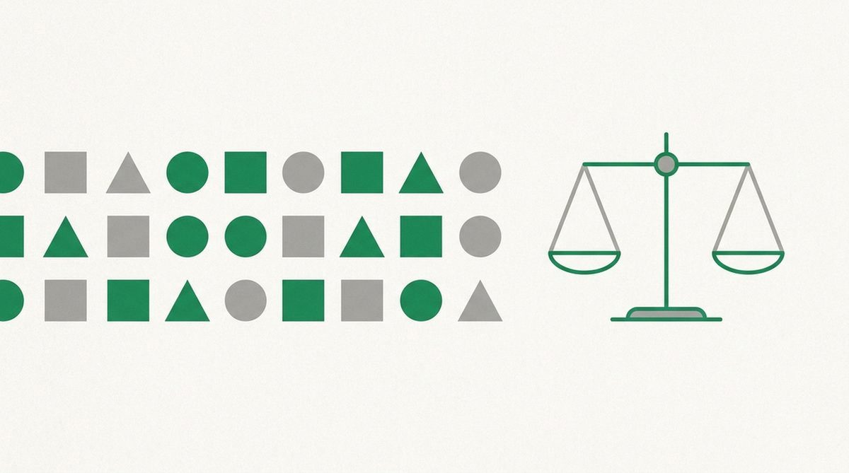 Abstract shapes beside a balance scale, representing the trade-offs in a VPN comparison.