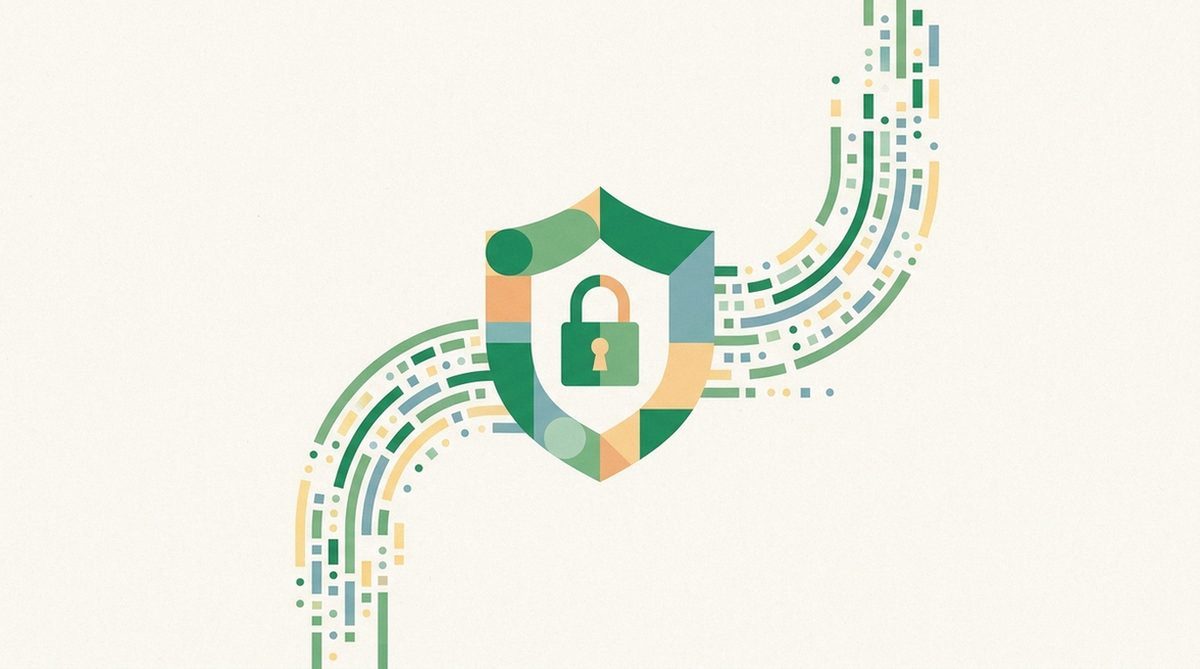 Shield with a padlock and flowing encrypted data streams representing privacy and security