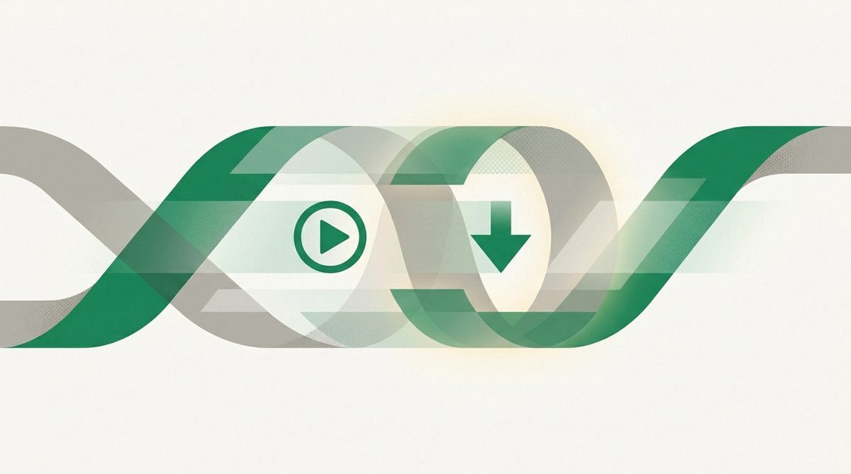 Play button and download arrow flowing through a secure tunnel representing streaming and torrenting