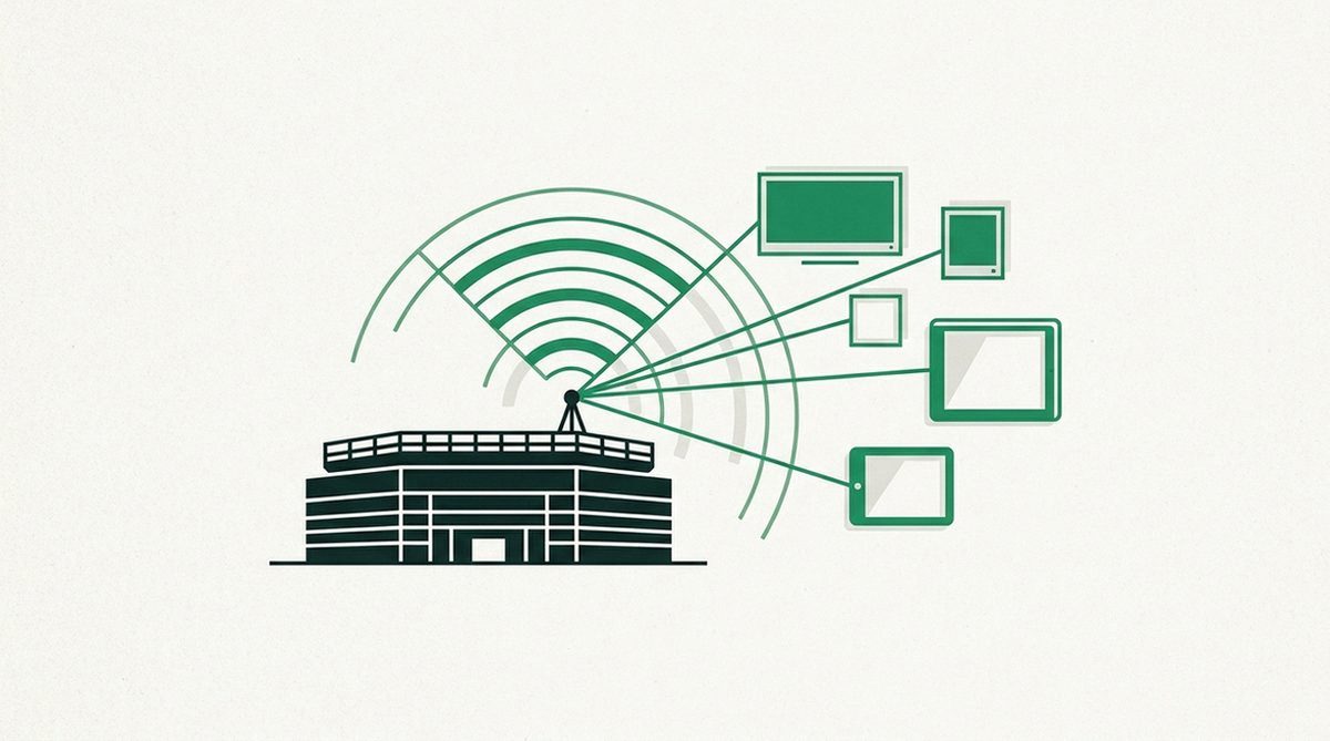 Illustration of a stadium radiating a broadcast signal into several screen shapes, representing free official streaming options