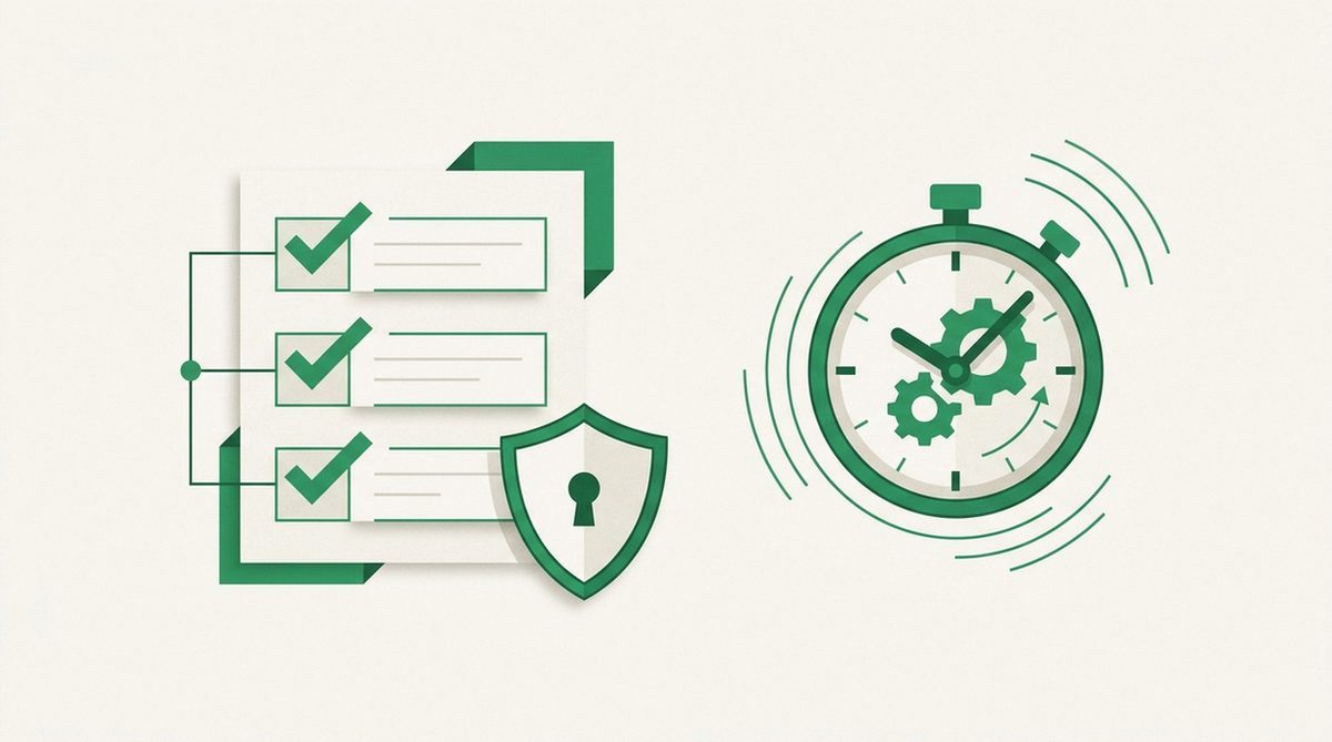 Checklist beside a shield icon and a ticking clock
